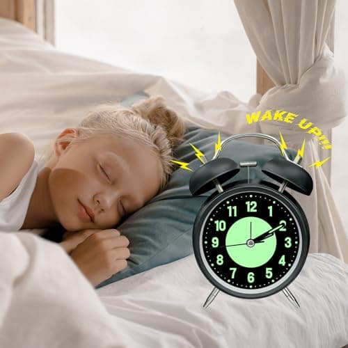 ALEENFOON Réveil Double Cloche avec Veilleuse, Réveil à Aiguilles Vintage Retro Silencieuse sans Tic-Tac, Réveil Lumineux Quartz pour Les Gros Dormeurs, Fonctionne à Piles (Noir)