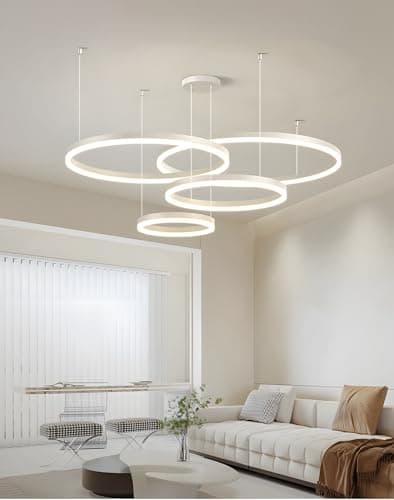 YYUTLUO Lustre LED Moderne DIY Cercle | 4 Blanc Anneaux :40+60+80+100cm=120W | Éclairage Suspendu LED Métal+Acrylique Télécommande Intensité Variable 2,4G Lampe Suspendue Plafond Ronde Salon