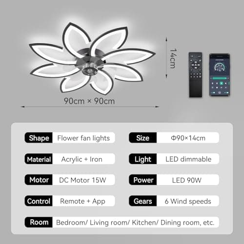 Lustre Ventilateur de Plafond, Ventilateur Plafond avec Lumiere Silencieux, Plafonnier Ventilateur Fleur Design Moderne, Dimmable, Fonction Mémoire, 6 Vitesses, Moteur DC, Réversible Eté Hiver, Nero