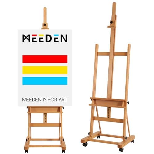 MEEDEN Grand Chevalet en Bois de Hêtre, H-Frame Chevalet de Peinture pour Adultes, Réglable 190 cm à 370cm, Peut Contenir des Toiles jusqu'à 236 cm,Chevalet à Roulettes avec Plateau de Rangement