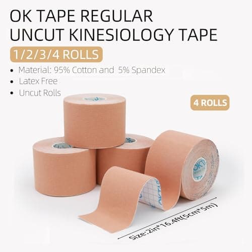 OK TAPE Bande Kinésiologie Tape, ruban athlétique élastique en coton original de base pour le soutien et la récupération, sportif thérapeutique pour soulager la douleur, 5cm x 5m,4 Rouleaux,Beige