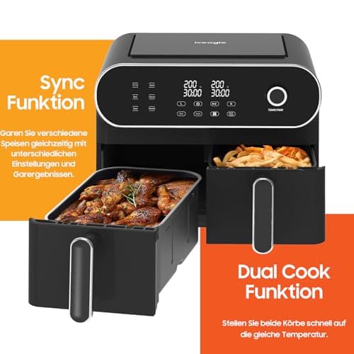 iceagle Friteuse sans Huile Dual Zone Air Fryer 11L – XXL Friteuse à Air avec Double Tiroir | Paniers Doubles Airfryer, 6 en 1, écran Tactile, 1700W, Recettes, Repas Sains pour une Grande Famille