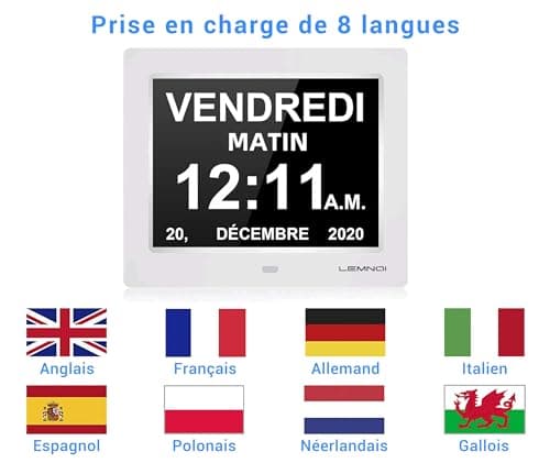 LEMNOI 8" Pouce LCD Horloge Numérique Calendrier N11 avec Date Jour Et Heure Horloge Non-Abrégée Auto Dimming 8 Langues HD Display Rappel pour Alzheimer Les Personnes âgées et Les Enfants