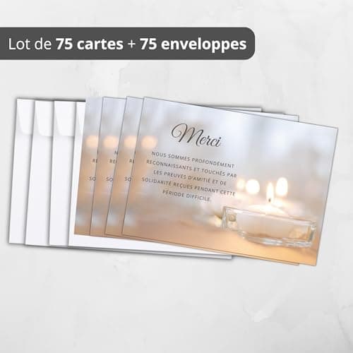 Lot de 75 Cartes + 75 Enveloppe Blanches - Cartes Remerciement Deuil - Condoléances Décès Obsèques ou Enterrement - Papier Mat de Qualité Format Carte Postale (14,8 X 10,5 cm) - Design Sobre & Élégant