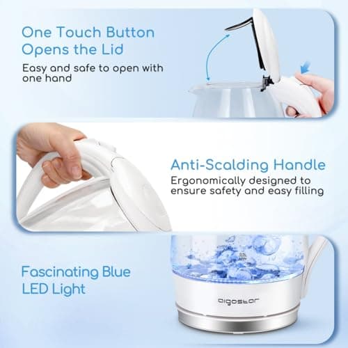 Aigostar Eve - Bouilloire Électrique en Verre Borosilicaté avec éclairage LED Bleu, Cristal Transparente, 2200W, 1,7L, Filtre Anticalcaire,Arrêt automatique, Base 360°,Sans BPA, Blanche
