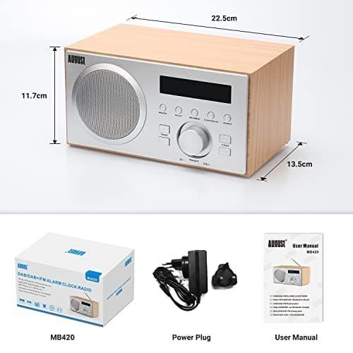 Radio Dab+ FM Bluetooth Bois Secteur - August MB420 Radio numérique Terrestre Dab Plus MP3 Lecteur clé USB, Digital et Analogique - HiFi Filaire Réveil Prise écouteur 3.5mm Ecran Design Scandinave