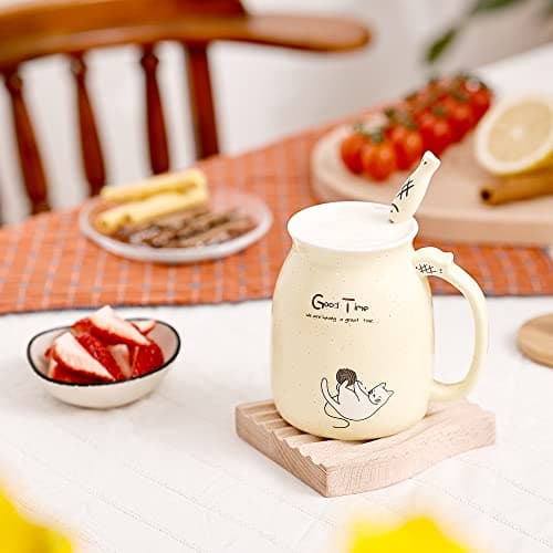 Chat Tasse Jolie tasse à café en céramique avec couvercle et cuillère en bois chat kawaii Nouveauté Morning Cup Tasses à thé au lait au café Tasses de chat pour les amoureux des chats Femmes (Jaune)