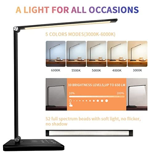 Lampe de Bureau LED avec Chargeur sans Fil, Lampes de Bureau Dimmable 10 Niveaux de Luminosité 5 Modes de Couleur, Lampe de chevet Avec Port USB et Fonction Minuterie, Flexible Contrôle Tactile