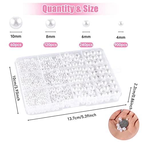 1320 Perle Artificielle Blanche, Perles de Nacrées Assorties Blanc, Perles Lisses en Satin, Perles Rondes Imitation, pour DIY Bijoux Collier Bracelet D'oreilles Fabrication de Bijoux - 4 6 8 10mm