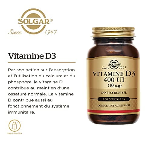 Solgar Vitamine D3 400 UI - Défenses naturelles - Immunité - Santé des os - Système Immunitaire - Complément Alimentaire - Flacon de 100 capsules