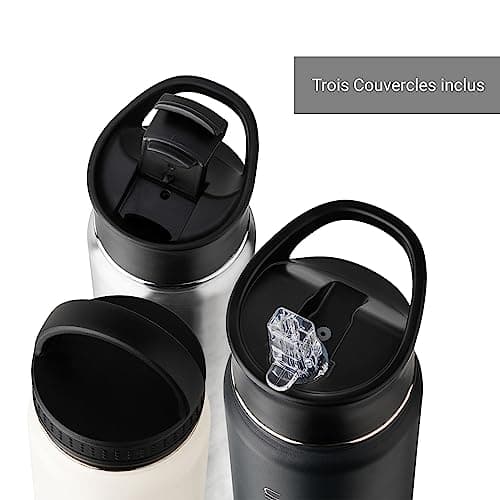 VINSUN Gourde Isotherme 1l - Gourde Inox avec Paille (3 Bouchons) - Étanche, sans BPA, Reutilisable - Bouteille d'eau Isotherme pour Sport, Randonnée, École, Bureau