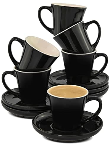 Cosumy Lot de 6 Tasses à Expresso Noires avec Soucoupes - Céramique - Lavable au Lave-vaisselle - Avec Boîte Cadeau - 70ml