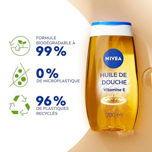 NIVEA Huile de Douche nourrissante (1 x 200 ml), Gel douche soin nourrissant Vitamine E et huiles naturelles, Gel lavant corps, sensation de peau nourrie & rayonnante de santé, tous types de peau