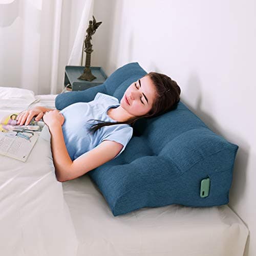 Johnear Coussin de Lecture Compensé Lin,Traversin Gros Coussin Canapé,Repos Oreiller Triangulaire Coussin à Coins, Coussin pour Jambe,Dossier de Soutien Lombaire,Bleu 100 x 26 x 55 cm