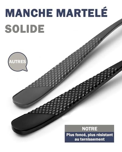 SHEUMNT couverts de table 24 pieces martelées Moderne noirs avec couteau dentelé 2 en 1 ultra tranchant, menagere inox 6 personnes, couvert plaqu titane noires couteaux, fourchettes, cuillères