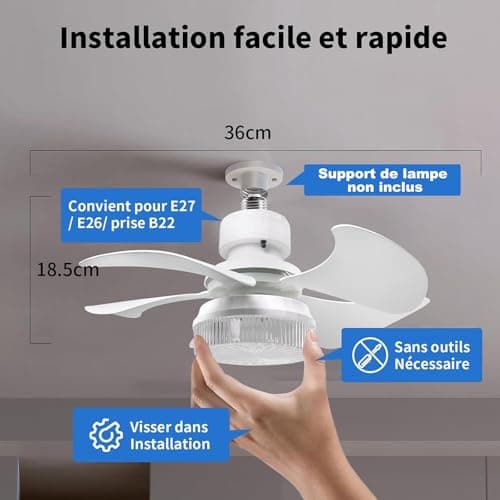 OKSANO 36cm Silencieux Ventilateur de Plafond avec Lumière et Telecommande,30W Lampe Ventilateur Plafond avec Douille E27, Dimmable LED Ventilateur Plafond pour Chambre, Salon, 3 Vitesses, 5 Pales