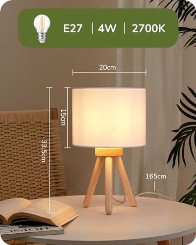 EDISHINE Lampe de Chevet en Bois à Trépied, Abat-jour en Lin, E27 Ampoule LED Incluse, 2700K Blanc Chaud, Lampe de Table Moderne pour Chambre à Coucher, Salon, Bureau, Hôtel, Blanc