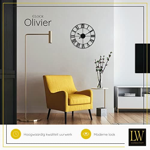 LW Collection Horloge Murale Olivier Noir 40 cm - Grande Horloge Murale avec Chiffres Romains - Horloge Murale Industrielle Silencieuse Moderne - Horloge Silencieuse