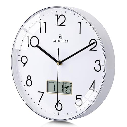 Lafocuse Horloge Murale Calendrier LCD avec Date Thermomètre, Moderne Silencieuse Pendule Murale Argent, Quartz sans Tic-tac Déco pour Salon Chambre Bureau Cuisine 30cm
