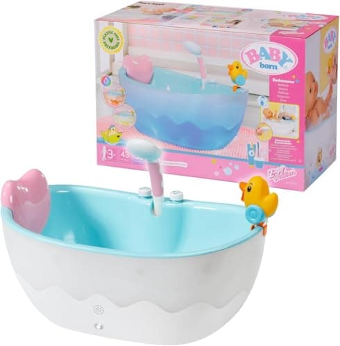 BABY Born Baignoire avec Changement de Couleur - Fonction Douche et Son - Accessoires Haut de Gamme pour poupées de 36 et 43 cm - Fonctionne également avec de l'eau véritable