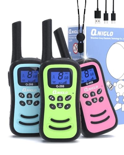 QNIGLO Talkie Walkie Enfants, 3 PCS Talkie Walkies Rechargeable Jouets Garçon Filles 3-12 Ans, Radio à 2 Voies avec 8 Canaux & Lampe de Poche, Cadeaux pour Aventures Extérieures, Camping, Randonnée