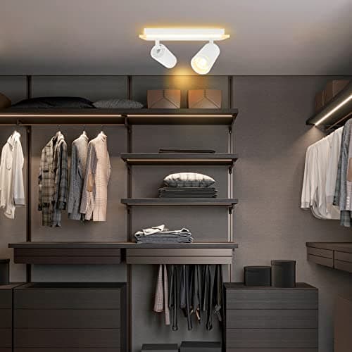 URing Plafonnier LED 2 Spot, Spots de plafond Plafonnier Pivotants & Orientables, Éclairage LED luminaire avec lueur inférieure 7W+ 2x 5W GU10 1700LM, Blanc Chaud 3000K pour Cuisine Salon, Blanc mat