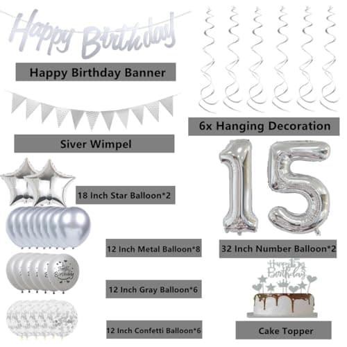 15 ans Décoration anniversaire argent, Décoration anniversaire 15 ans argent, Ballon 15 argent Décoration anniversaire fille, Ballon argent 15 ans anniversaire Décoration garçon fille