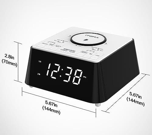 iTOMA Radio réveil Rechargeable sans Fil avec Haut - Parleur Bluetooth, Radio FM de Chevet, Double Alarme avec Snooze, Recharge USB, veilleuse et écran dimmable 205