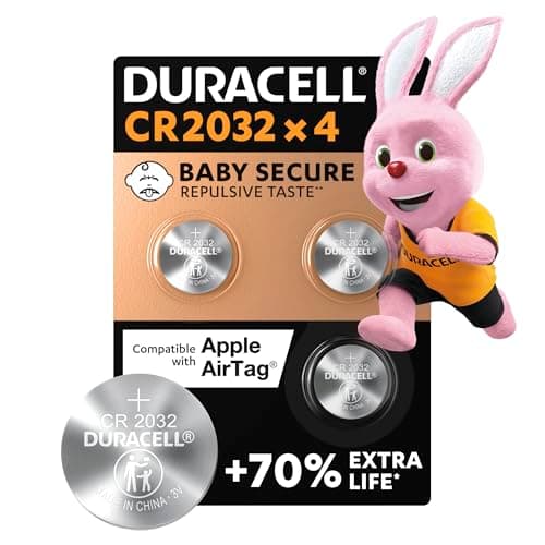 DURACELL CR2032 Piles Boutons au lithium 3V (lot de 4) - Jusqu’à +70 % de longévité - Technologie Sécurité Enfant - Recommandées pour l’AirTag d’Apple - Emballage Sécurité Enfant