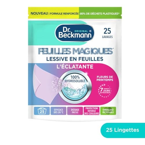 Dr. Beckmann FEUILLES MAGIQUES Lessive en feuilles L'ÉCLATANTE | Format pré-dosé, pratique et léger | 100% hydrosoluble, facile à utiliser et ranger | 25 feuilles