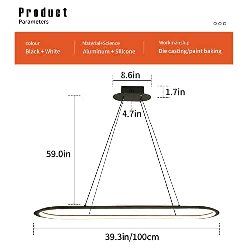 Suspension ovale moderne de table à manger, lustre, 100 cm, lampe suspendue à intensité variable avec télécommande, luminosité réglable de 10 % à 100 %, anti-éblouissement, avec fonction mémoire /