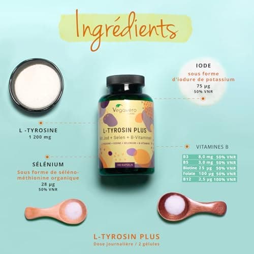 L-Tyrosine Plus 1200 mg | THYROIDE* | Avec Iode, Selenium et Vitamine B | Énergie + Fatigue Mentale | 180 Gélules | VEGAN et SANS ADDITIFS | Vegavero®