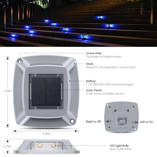 hoyiours Éclairage pour Chemins Spot Solaire Exterieur Puissant IP68 Étanche Eclairage Escalier Exterieur Bleu Balise Solaire Exterieur Jardin 24LM pour Terrasse, Chemin, Piscine et Parc (6)