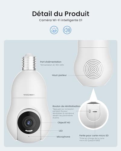 VEEZOOM 2K Ampoule Camera Surveillance WiFi, IP Caméra Ampoule Intérieur sans Fil de Lampe E27 avec Suivi Automatique, 30m Vision Nocturne Coloré, Discussions en Temps Réel, WS-D1