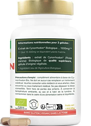 Cynorrhodon BIO | Hautement Dosé : 15 000mg / jour (10:1) | Confort Articulaire, Immunité | 90 gélules de 500mg | Riche en Vitamine C | Qualité Supérieure