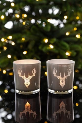EDZARD Lot de 2 photophores en Verre ETO (Hauteur 8 cm, Ø 7 cm), Gris, photophore avec Motif cerf