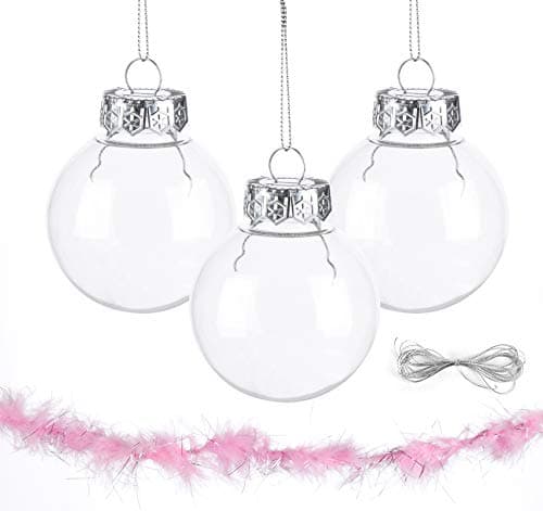 ilauke 20 Boule Transparente Remplissable Bricolage,Boules de Noël en Plastique Transparent à Remplir avec 4m Plume Rose+4m Corde,Boules de Sapin de Noël Ornements pour Fête de Mariage Décoration(6cm)