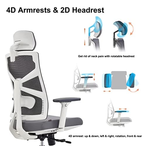 HOLLUDLE Chaise de Bureau Ergonomique avec Dossier Adaptable, Fauteuil D'ordinateur avec Accoudoirs 4D, Profondeur D'assise Réglable, Soutien Lombaire et Appui-tête 2D, Siège de Travail, Blanc