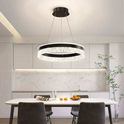 Deliouay Lampe à suspension LED table à manger ronde suspension anneau moderne lampe à suspension dimmable table à manger avec télécommande suspension salon cuisine Bureau (noir, Ø50cm)