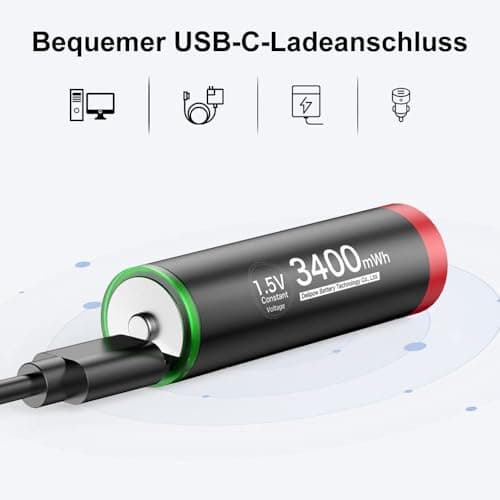 Delyeepow Pile Rechargeable AA 1,5V Lithium 3400mWh de Haute capacité,Pile AA Rechargeable USB C 4 Piles 1500 Cycle