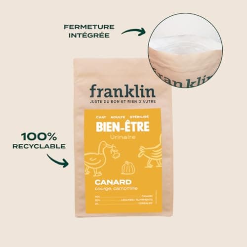 Franklin – Croquettes pour Chat Stérilisé – Gamme Bien-être – avec 70% de Canard – sans céréales – Mono-protéine – Taille 10mm – 6 kg