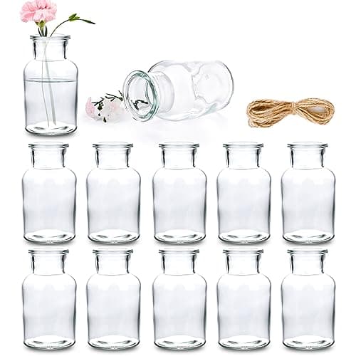 Glovios Petits Vase en Verre Lot de 12 Mini vases en Verre Transparent Vase Mariage 10,3cm de Haut Mini Vase decoratif avec de la 5m Ficelle de Jute soliflore en Verre Petits Vase Fleur Deco Table