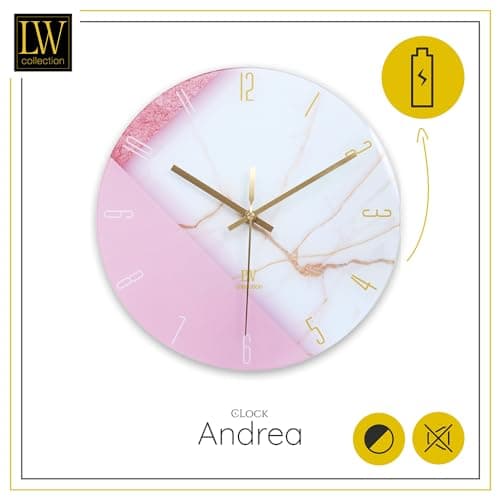LW Collection Horloge Murale Verre Marbre Andrea Blanc Rose 30 cm - Petite Horloge - Horloge Murale Silencieuse - Horloge de Cuisine Mouvement Silencieux