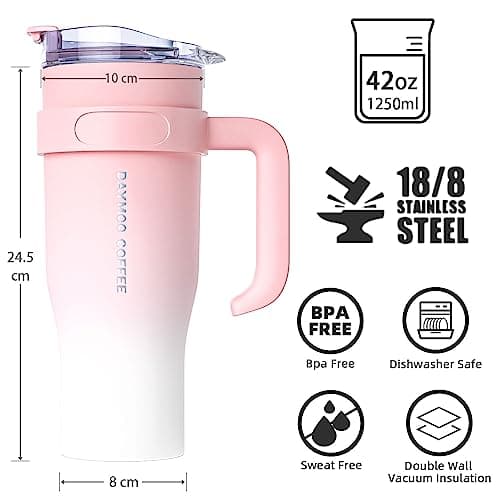 DAYMOO Mug isotherme avec paille et Poignée, Gobelet avec Paille et Couvercle, Tasse Thermos en Acier Inoxydable, Thermos Café Mug avec Couvercle, asse de Voyage Chaud ou Froid - 1.2 L, Rose Blanc