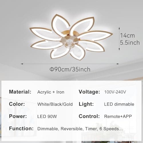 YUNLONG 90 cm Ventilateur de Plafond avec Télécommande avec éclairage Salon Luminaire Ventilateur Plafonnier Dimmable Lampe Ventilateur Silencieux Moteur DC Réversible 6 Vitesses pour Chambre,Or