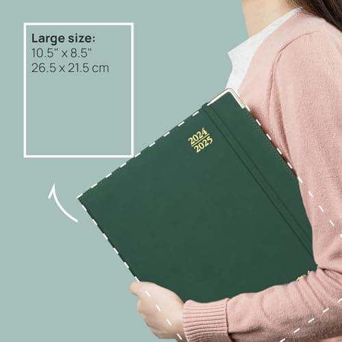 POPRUN Agenda 2025 Semainier 26,5 x 21,5 cm De Août 2024 à Déc 2025, Premium Planner Scolaire 17 Mois, Couvercle en cuir de coton PU, Papier Certifié FSC® 100 g/m2 - Forêt Vert