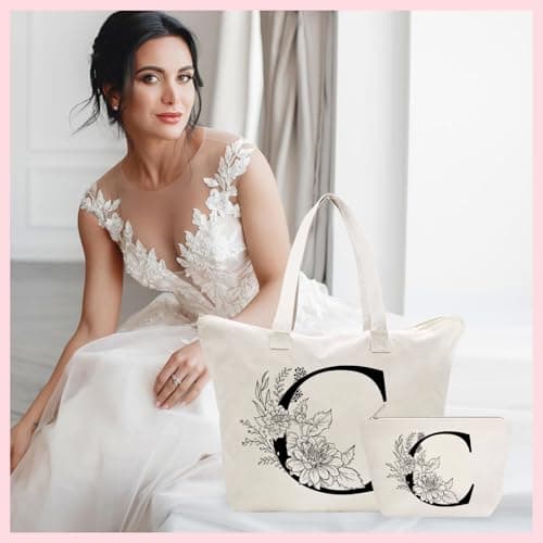 Sac Fourre-Tout en Toile avec Initiale Fleur, Personnalisés Sac Tote bag en Toile Coton Trousse de Maquillage, Idéal pour Mariage Anniversaire Noël, Cadeau pour Femmes Amis Maman Sœurs T