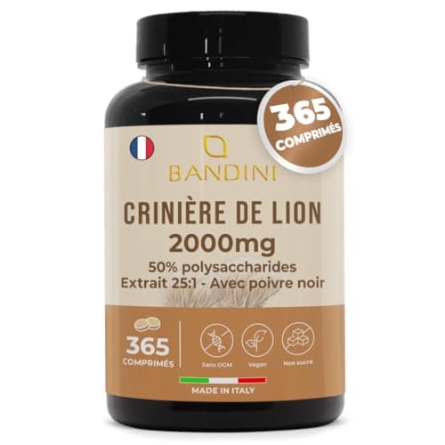 Bandini® Crinière de Lion 2000 mg | 365 Comprimés Vegan 1 An (1 comprimé par jour) | Extrait 25:1 de Lion's Mane Mushroom avec Poivre Noir | 50% polyphénols | Champignon Hericium Erinaceus 100% Vegan
