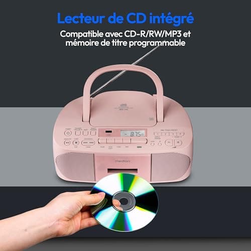 MEDION E65010 Radio stéréo (Lecteur CD, Cassette, Port USB, entrée Audio AUX, Lecture MP3. Radio FM PLL,40 mémoires de Stations, Fonctionnement sur Piles, télécommande) Rose