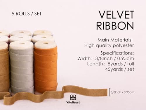 Vitalizart Ruban Velours 9 Couleurs 0,95 cm x 4,57 m x 9 Rouleaux, Bobine en Bois, Ruban en Tissu pour la Décoration de Couronnes de Noël, l'Artisanat, les Ornements, l'Emballage de Cadeaux